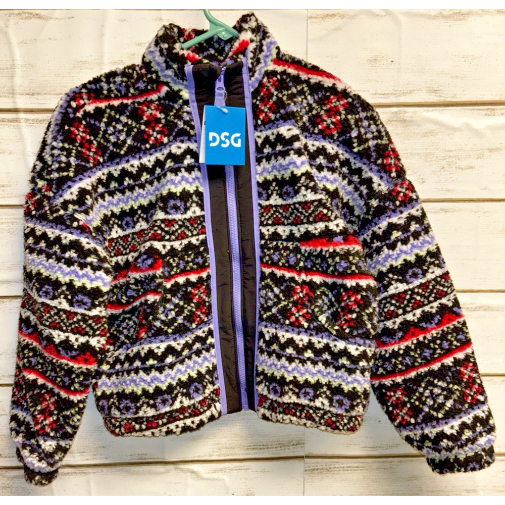 DSG Cozy Fleece Full Zip Jacket Girls M 10-12 Funky Purple Black Pink NWT